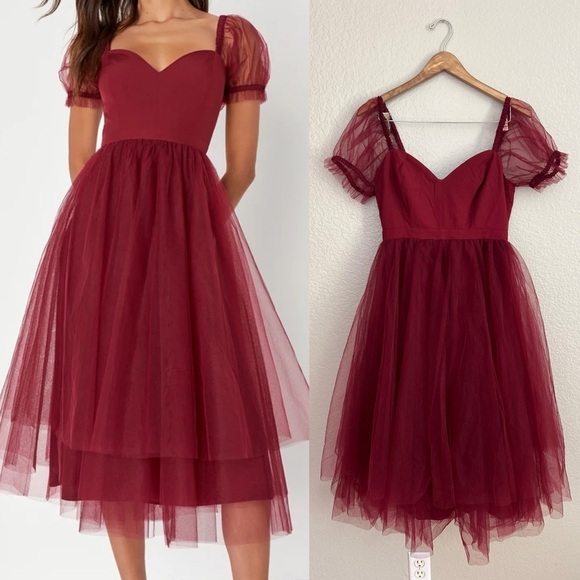 NWOT Brightly Beloved Wine Red Tulle Tiered Puff Sleeve Midi Dress - Picture 1 of 10
